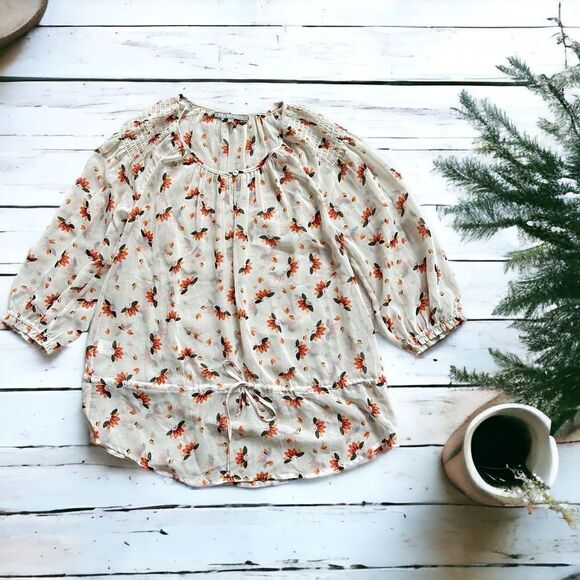 Daniel Rainn Women Cream Sheer Blouse Orange Floral Print Blouse Vacation Size S - Picture 1 of 6